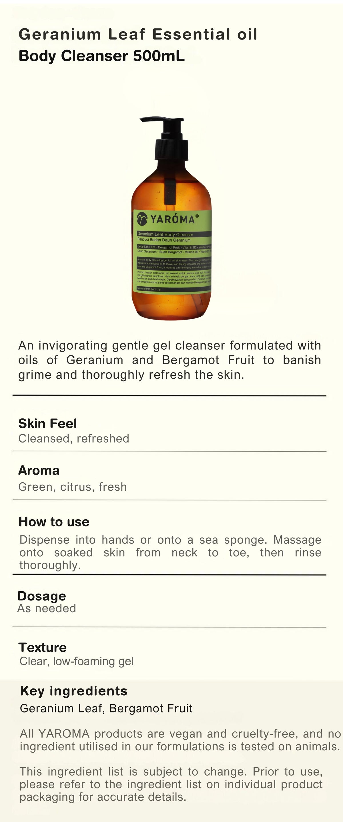 YAROMA Geranium & Bergamot Body Cleanser | Natural Essential Oils