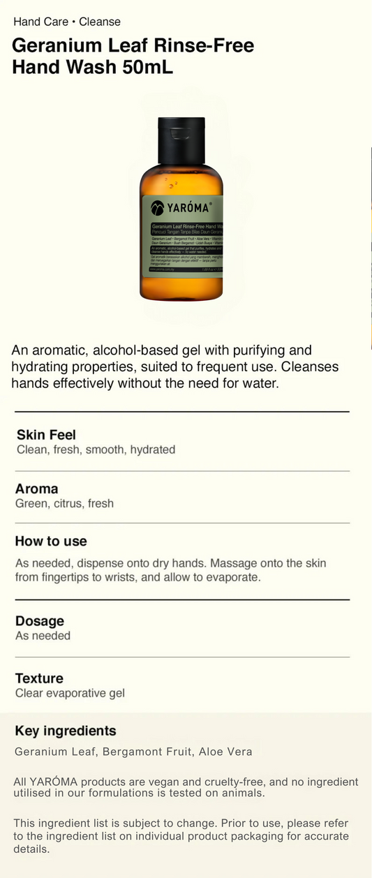 YAROMA Geranium Leaf Essential Oil Rinse-Free Hand Wash Sanitizer Antibacterial (50ML) SINGAPORE