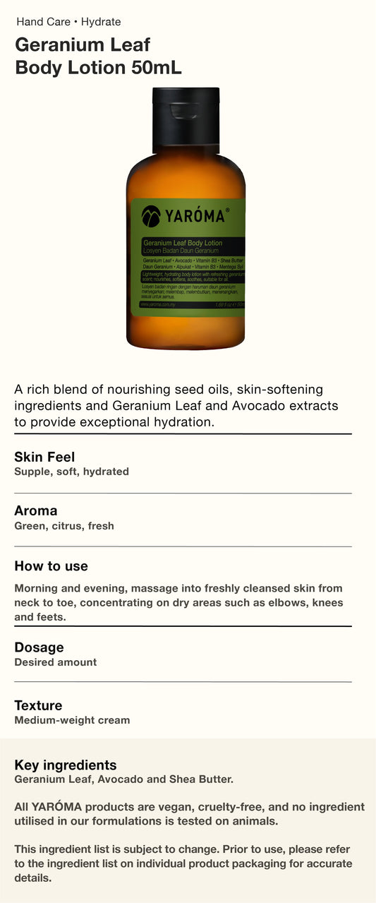 YAROMA Geranium Leaf Essential Oil Avocado Shea Butter Body Lotion 50ML (SINGAPORE)