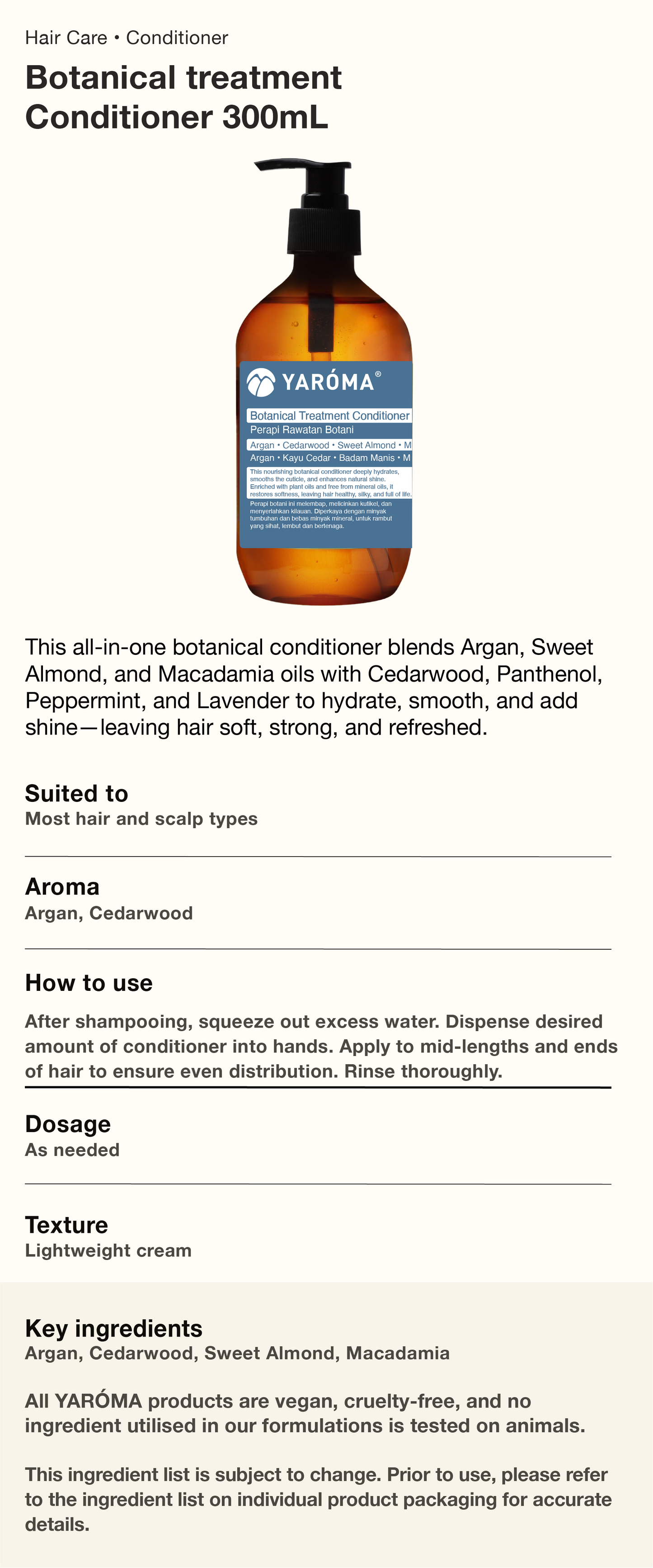 YAROMA Botanical Treatment Conditioner Hydrating | Smoothing | Silicone-Free Natural Care (SINGAPORE)