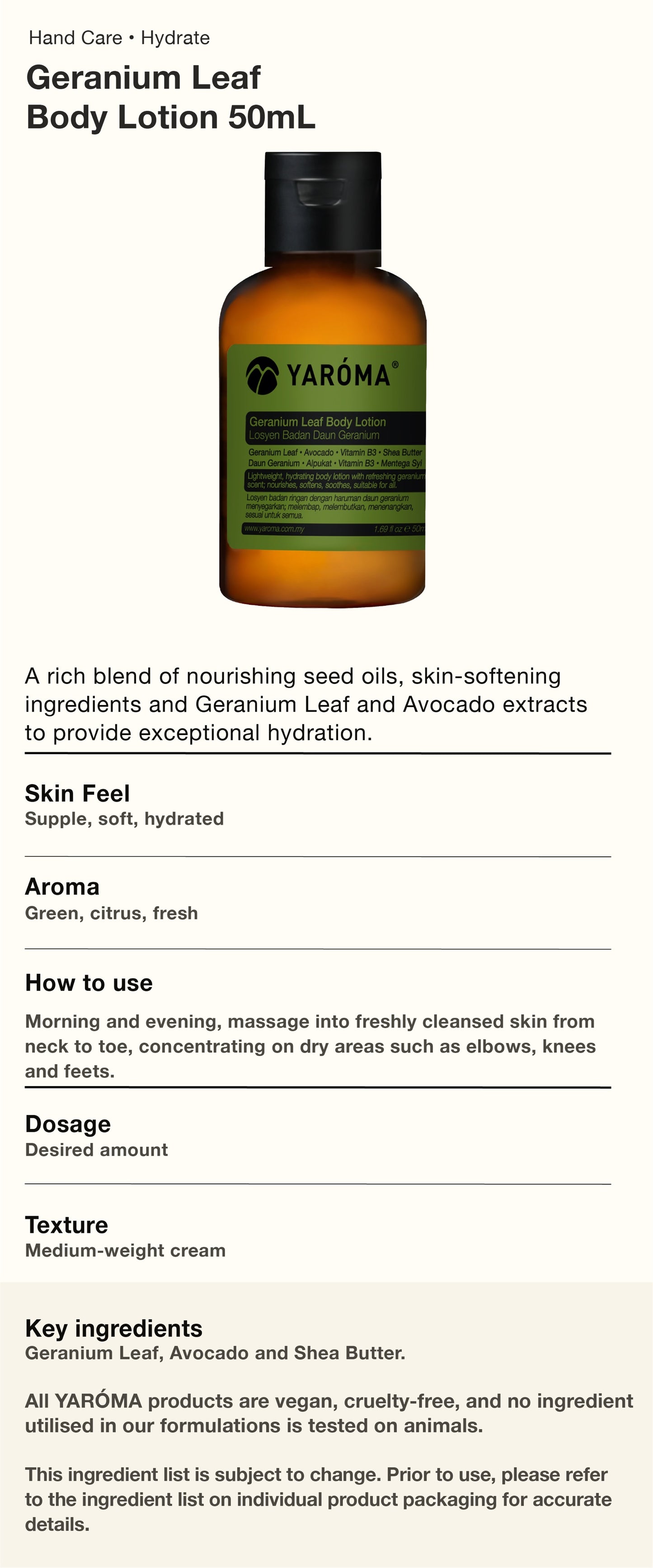 YAROMA Geranium Leaf Essential Oil Avocado Shea Butter Body Lotion 50ML (SINGAPORE)