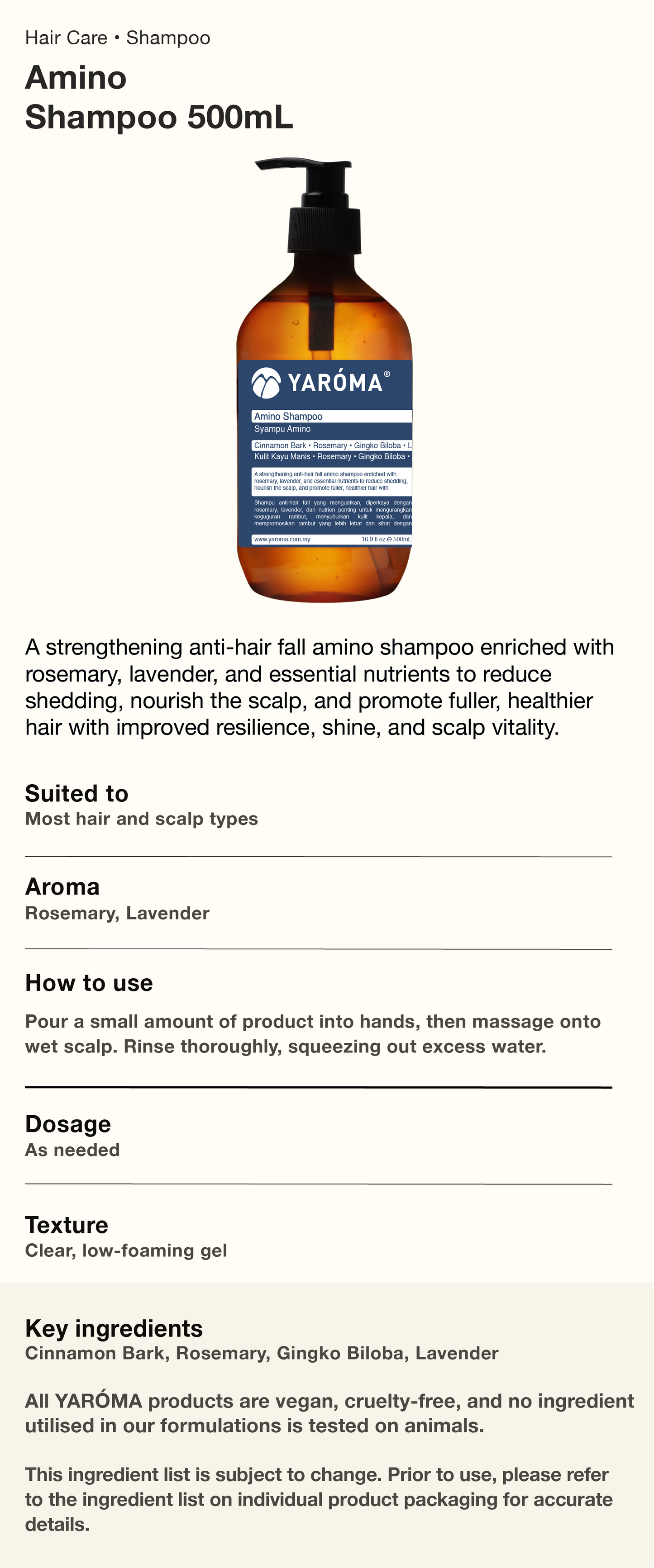 YAROMA Amino Shampoo Hair Fall Control | Scalp Refreshing | Rosemary & Lavender (SINGAPORE)